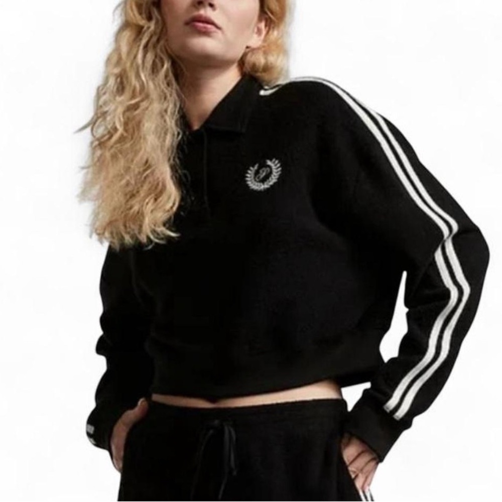 NWT Victoria's Secret PINK Reverse Fleece Cropped Polo Sweatshirt Black XL